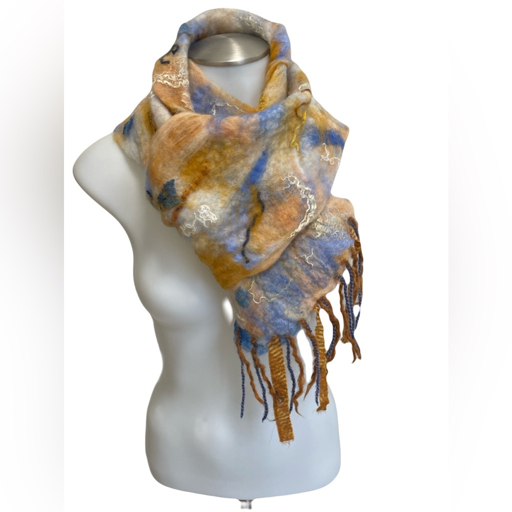 Handcrafted Soft Felted Merino Wool Scarf in Blue and Mustard